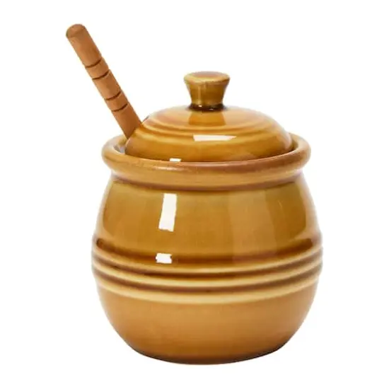 Hello Honey® 4.3" Amber Orange Farmhouse Embossed Stoneware Honey Pot with Wood Honey Dipper {4}