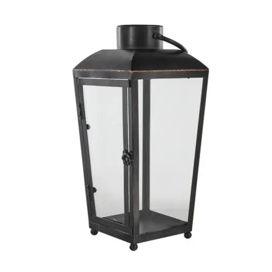 16" Black Metal Modern Candle Lantern with Gold Accents {7}
