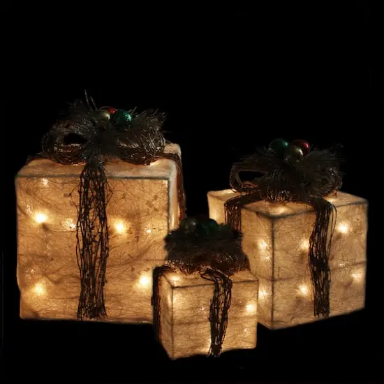 Cream Lighted Gift Boxes with Twine Bows Outdoor Christmas D&eacute;cor Set {3}
