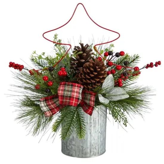 17" Pinecone & Berries Artificial Christmas Arrangement with Decorative Metal Vase & Wire Red Christmas Tree {1}