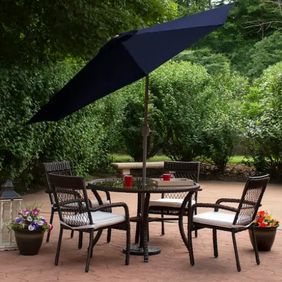 9ft. Outdoor Patio Market Umbrella with Hand Crank & Tilt Navy Blue/Brown {4}
