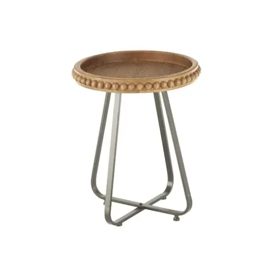 20.5" Brown Wood Beaded Accent Table with Rounded Gray Metal Base & Rattan Accent {7}