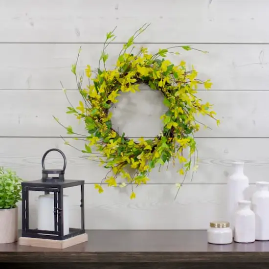20" Yellow Forsythia & Leaves Artificial Spring Floral Wreath {3}