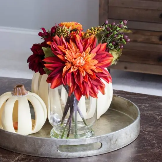12" Dahlia & Mum Arrangement with Glass Vase  {8}