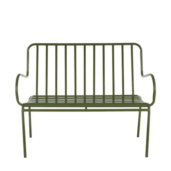 44.25" Green Metal Slatted Outdoor Bench with Curved Armrests {4}