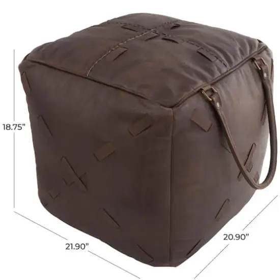 22" Leather Pouf with Woven Straps & Handles Dark Brown {8}