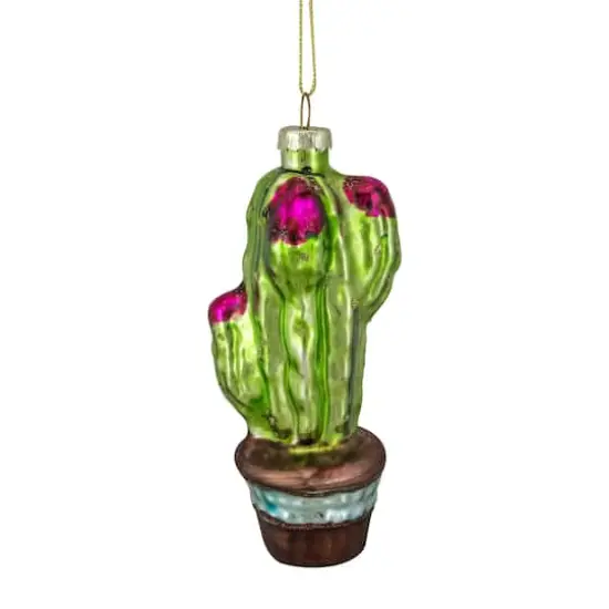 Green And Pink Potted Cactus Glass Ornament {1}