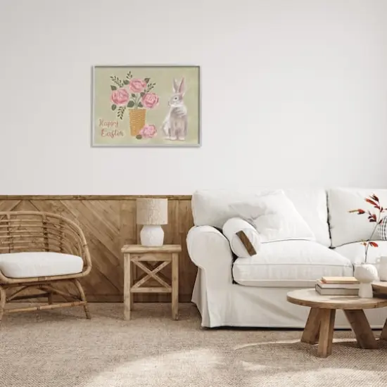 Stupell Industries Happy Easter Bunny Rose Bouquet Framed Giclee Art Gray {3}