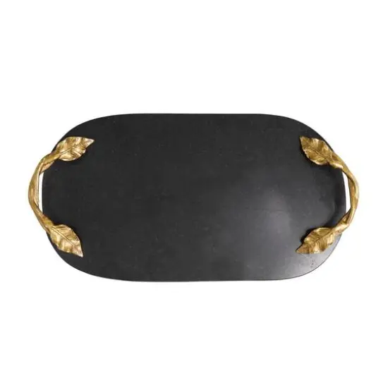 19" Black Marble Oval Tray with Gold Leaf Handles {5}