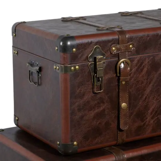Set of 3" Brown Leather Traditional Trunk, 19", 24", 27" {7}