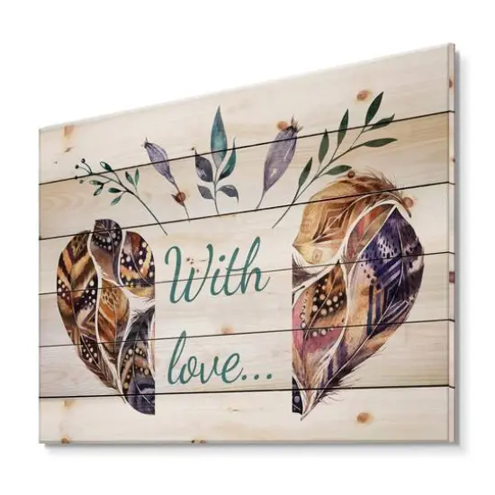 Designart - Hearted Shaped Valentine Feathers - Traditional Print on Natural Pine Wood {1}