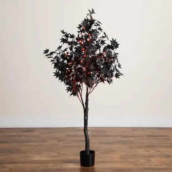 5ft. Pre-Lit Artificial Halloween Black Maple Tree with 240 Orange & Purple LED Lights {9}