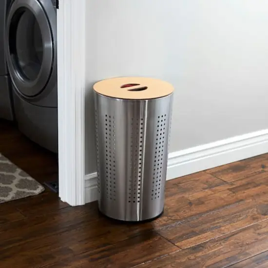 Household Essentials Round Metal Hamper with Engineered Wooden Lid {6}