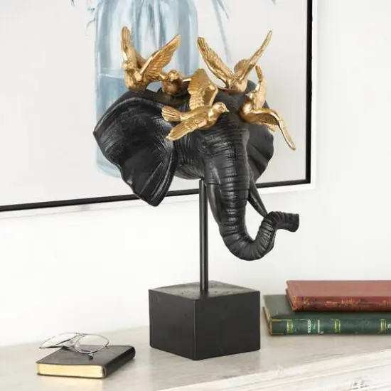 21" Black & Gold Polystone Elephant Head with Birds Statue {3}