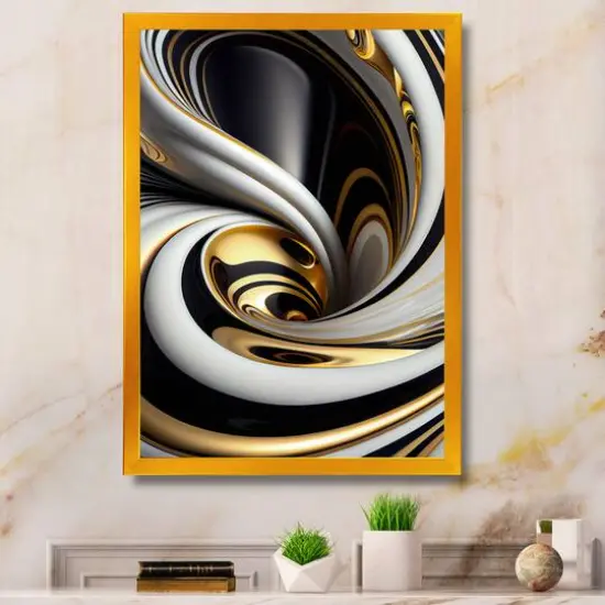 Designart 'Gold Black And White Stained Glass I' Modern Framed Canvas Wall Art Thick Gold {1}