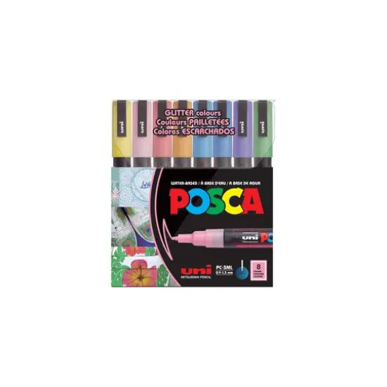 Uni POSCA PC-3M 8 Color Fine Tip Glitter Paint Marker Set {9}