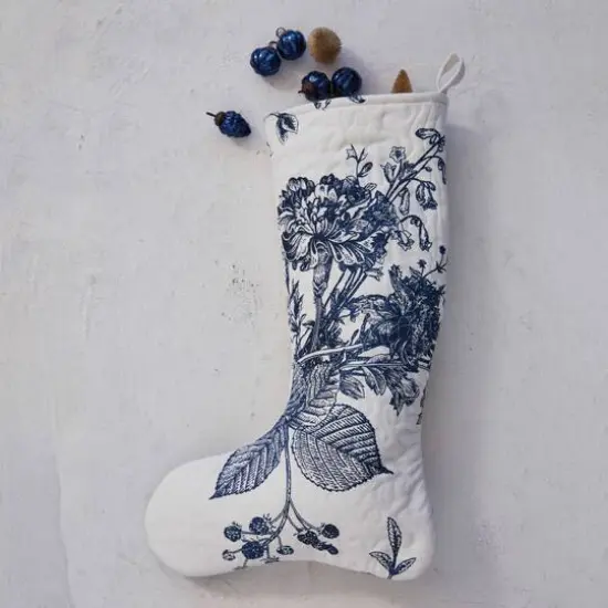 Hello Honey&reg; 20" White & Blue Botanical Print Quilted Cotton Stocking {3}