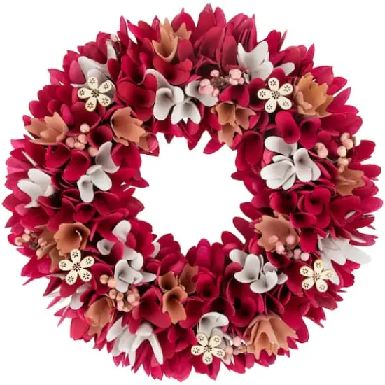 13" Fuchsia Pink & White Wooden Floral Wreath with Berries {1}