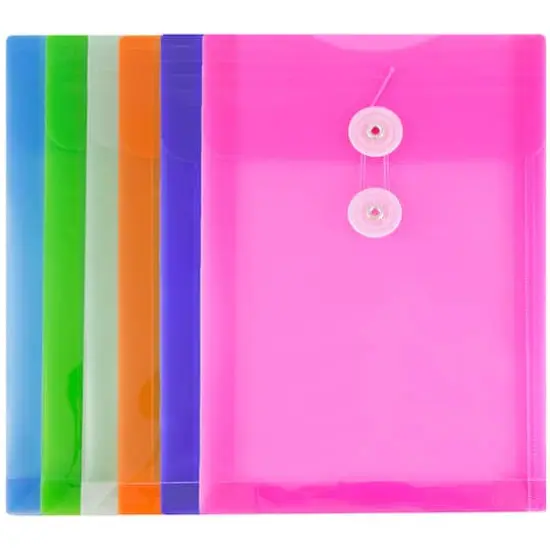 JAM Paper 6.25" x 9.25" Assorted Button & String Tie Closure Plastic Envelopes, 6ct. {3}