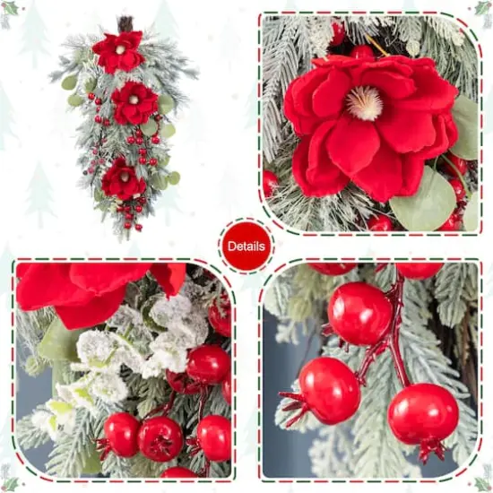 Glitzhome&reg; 28"H Christmas Red Mangnolia & Berry Teardrop {7}