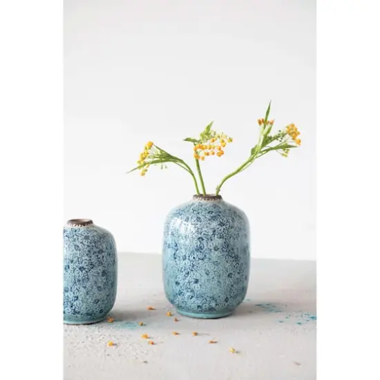 Hello Honey® 7" Distressed Blue Terracotta Vase with Floral Pattern {3}