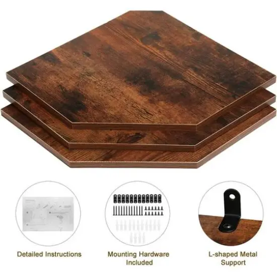 Burnt Brown Wall Mounted Wood Floating Corner Shelf Set {5}