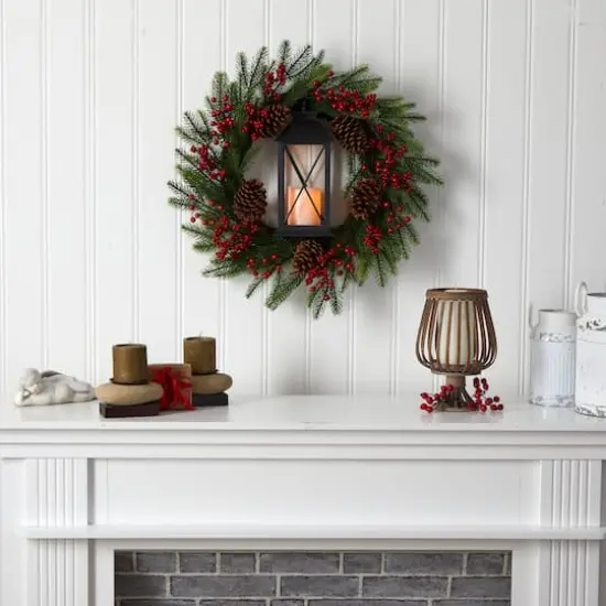 28" Berries & Pine Christmas Wreath with Lantern & Included LED Candle {5}