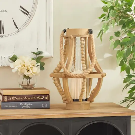 Beige Recycled Wood Farmhouse LED Lantern, 16" x 10" x 10" {9}