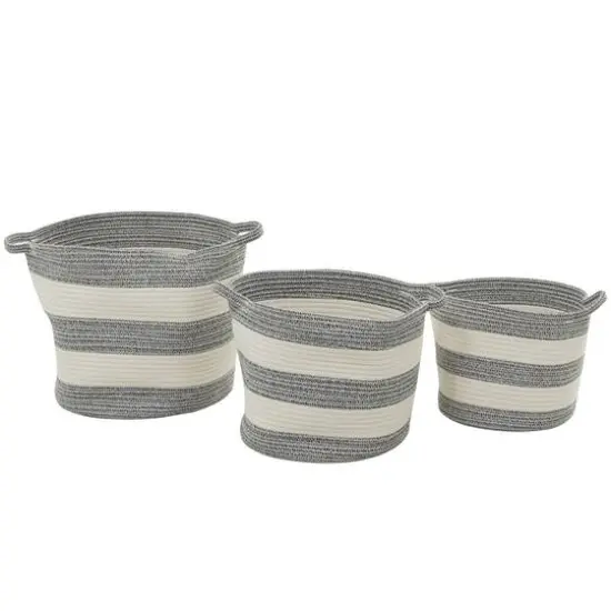 Gray Cotton Handmade Striped Storage Basket with Handles Set of 3 14", 12", 10" {6}