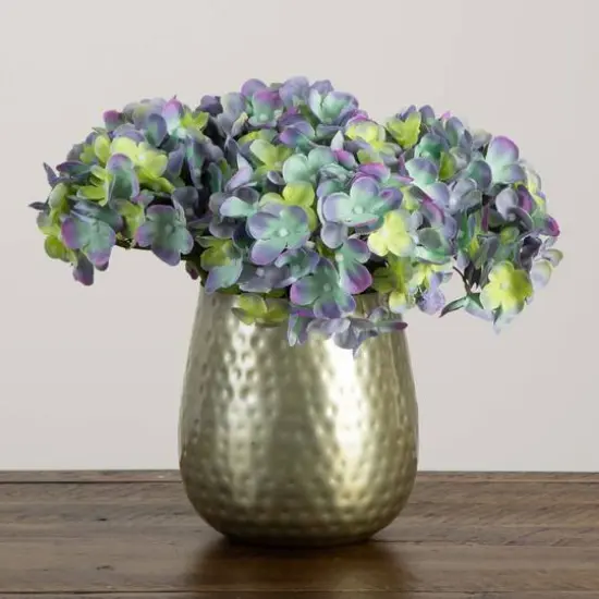 11" Blue Hydrangea Arrangement in Gold Metal Vase {7}