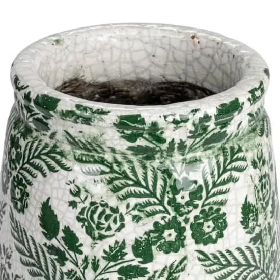 Hello Honey&reg; 10.75" Green & White Flower Patterned Terra Cotta Planter Vase with Crackle Glaze {5}