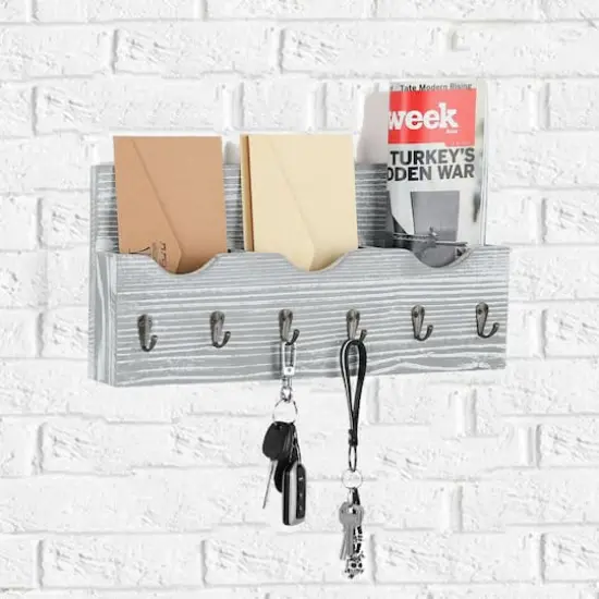 NEX™ Rustic White Wall Mounted Mail Holder & Organizer with 6 Key Hooks {5}