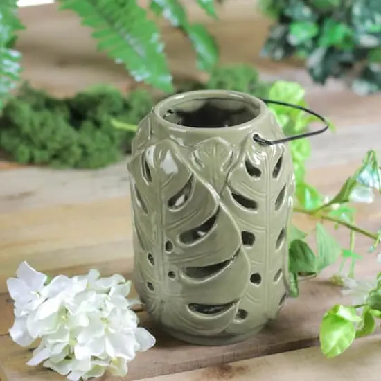 7" Elegant Moss Green Cutout Leaf Ceramic Candle Holder Lantern {4}