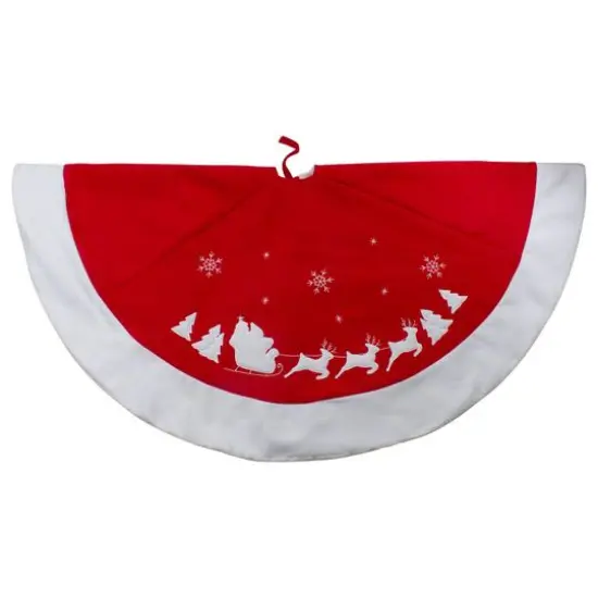 48" Red Sleigh & Reindeer Embroidered Christmas Tree Skirt {1}