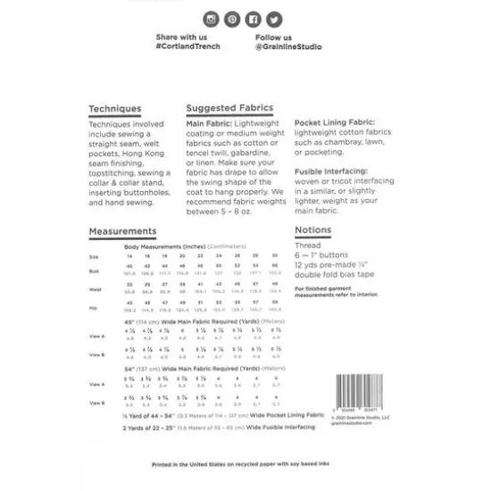 Grainline Studio Cortland Trench Coat Sz14-30 Pattern {3}