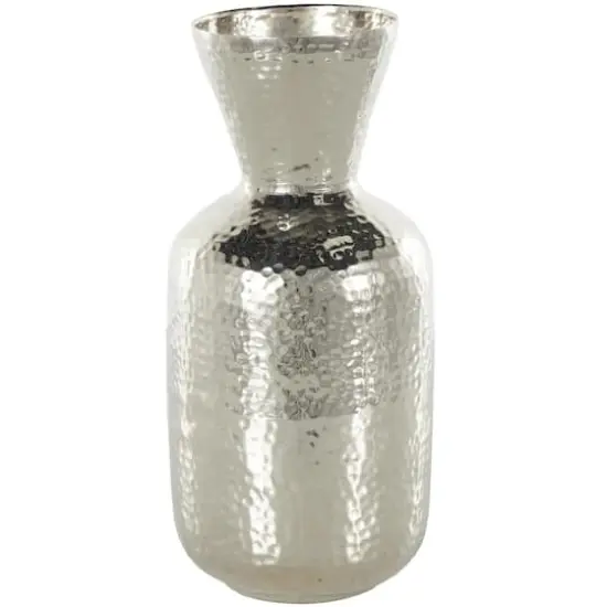 13" Silver Aluminum Metal Hammered Vase with Cone Shaped Opening {1}