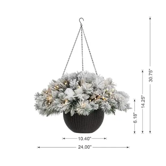 Glitzhome&reg; 24" Pre-Lit Snow Flocked Christmas Artificial Pine Poinsettia Hanging Basket, White Lights {9}