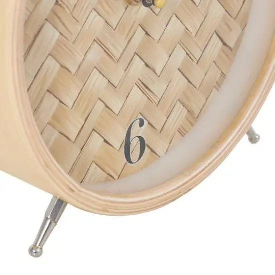 7" Light Brown Wood Woven Chevron Patterned Clock with Silver Legs {8}