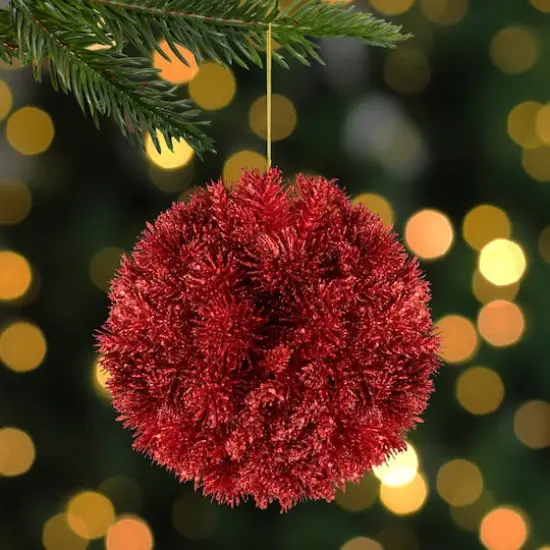 Red Glittered Pine Leaf Christmas Plastic Ball Ornament {3}