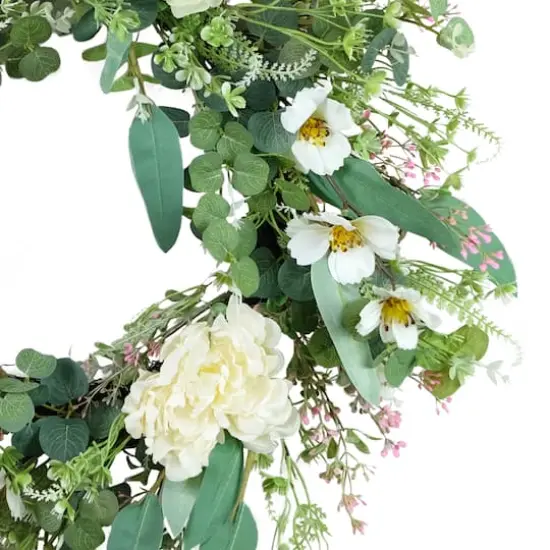 24" White Spring Peony & Dogwood Floral Wreath {4}