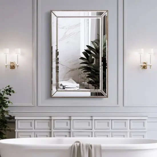 Silver Champagne Beaded Frame Accent Beveled Wall Mirror - 30" x 42" {8}