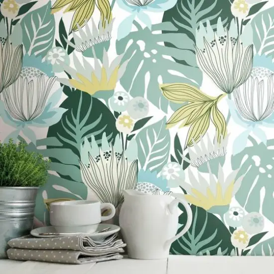 RoomMates Retro Tropical Leaves Peel & Stick Wallpaper Teal and Yellow {7}
