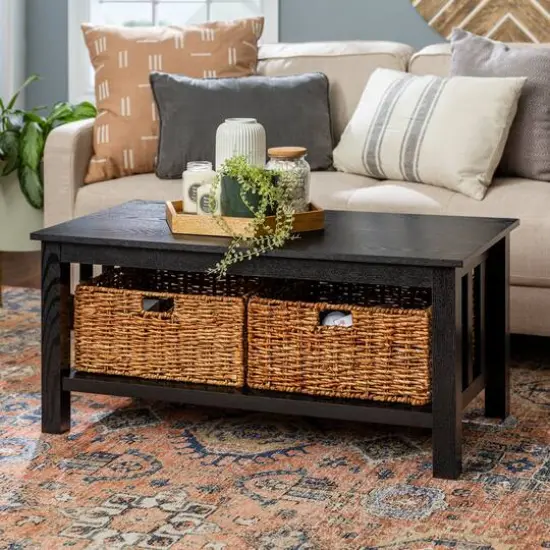 Walker Edison 40" Black Mission Storage Coffee Table with Baskets {5}