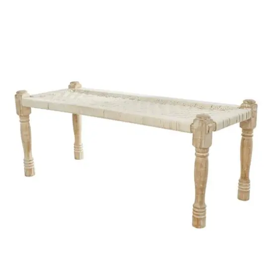 Beige Cotton Handmade Woven Chevron Bench with Mango Wood Legs {8}