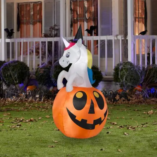5ft. Airblown&reg; Inflatable Unicorn with Color Changing Horn out of Pumpkin Scene {3}