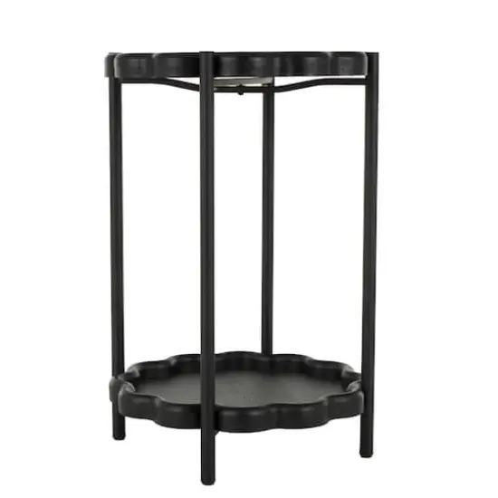 23.75" Black Wood Floral Inspired 2-Level Side End Accent Table with Metal Legs {3}