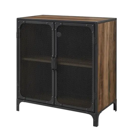 Walker Edison 30" Reclaimed Barnwood Industrial Mesh Metal Door Accent Cabinet {8}