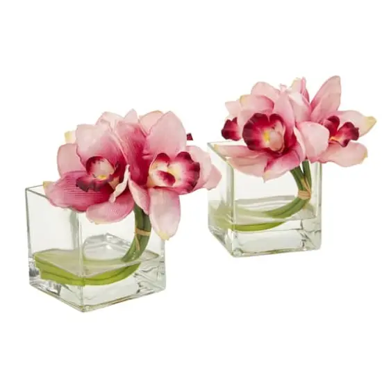 8" Boat Orchid Arrangement in Glass Vase, 2ct. Pink {1}