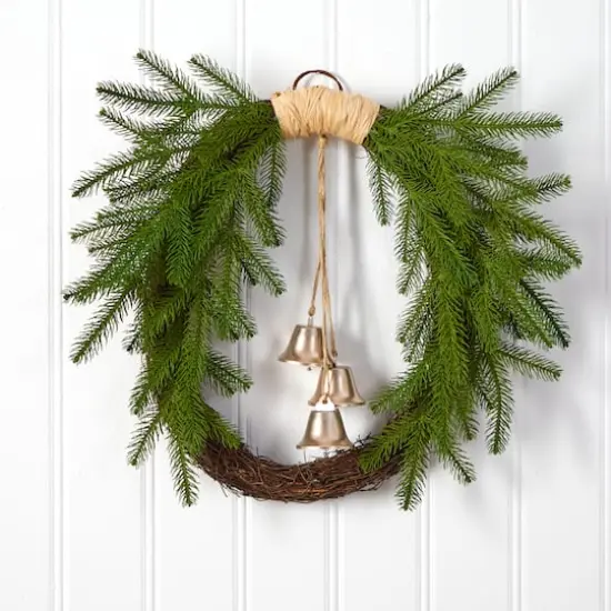 24" Holiday Christmas Pine And Hanging Bells Wreath {4}