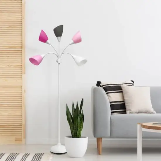Simple Designs™ 5.6ft. 5-Light Gooseneck White Floor Lamp Pink White and Gray Shades {6}